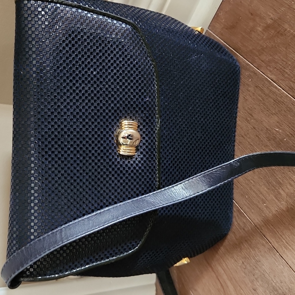 Due Fratelli Vintage Navy Blue Snakeskin Embossed Leather Bag / Made In Canada